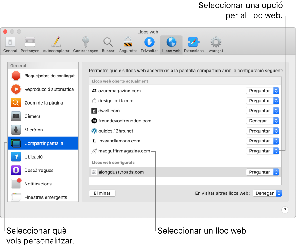 El tauler de preferències “Llocs web” del Safari, on pots personalitzar la navegació per llocs web concrets.
