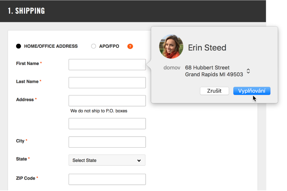 Formulář pro zadání doručovací adresy se zobrazenou vizitkou a dostupnou funkcí automatického vyplňování