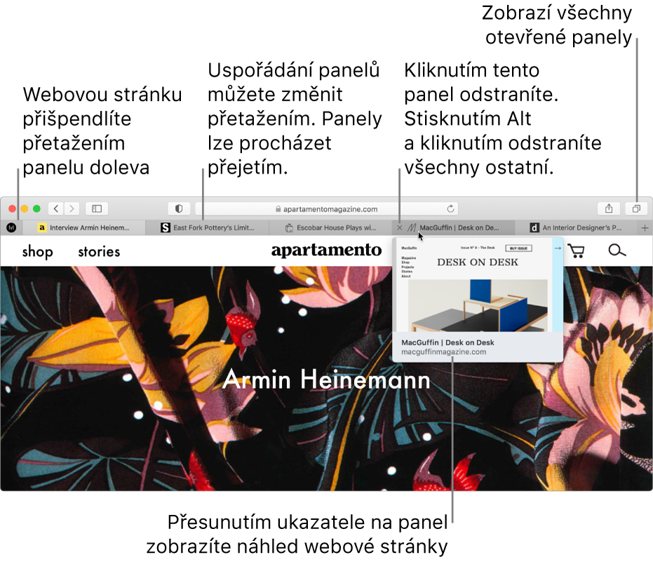 Okno Safari s několika otevřenými panely; díky ukazateli umístěném na jednom z panelů se zobrazuje náhled webové stránky