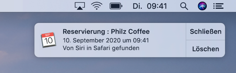 Ein Siri-Vorschlag für das Hinzufügen eines in Safari angezeigten Ereignisses zum Kalender.