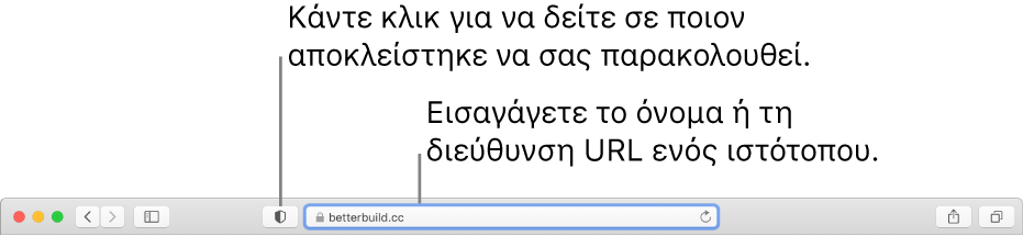 Η γραμμή εργαλείων του Safari όπου εμφανίζεται το κουμπί «Αναφορά απορρήτου» και ένας ιστότοπος στο Έξυπνο πεδίο αναζήτησης.