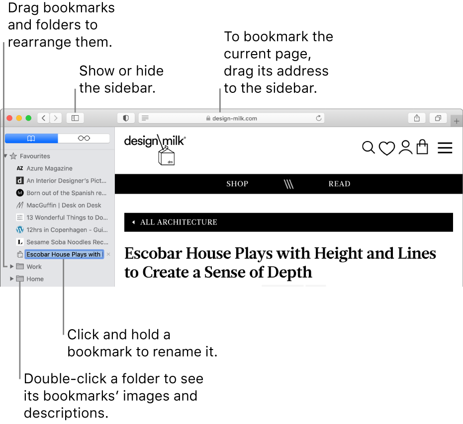 A Safari window showing bookmarks in the sidebar; one bookmark is selected for editing.