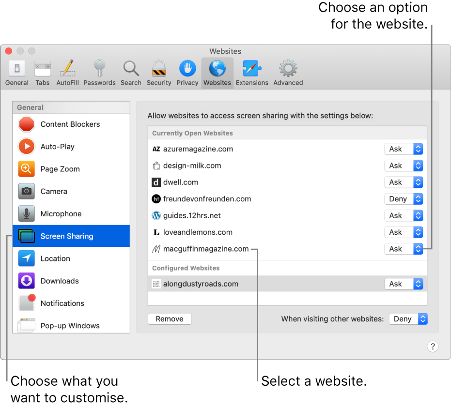 The Websites pane of Safari preferences, where you can customise how you browse individual websites.