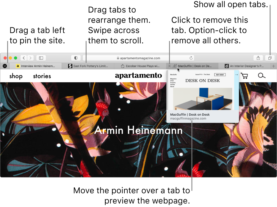 The Safari window with several tabs open, with the pointer over a tab showing a preview of the web page.