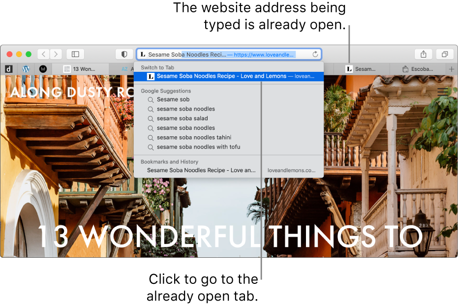 A Safari window with the first part of a website address entered in the Smart Search field. The same website appears in the results list under Switch to Tab because it’s already open in another tab.