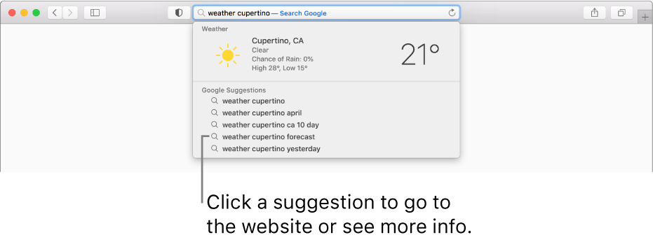 The search phrase “weather cupertino” entered in the Smart Search field, and the Safari Suggestions results.