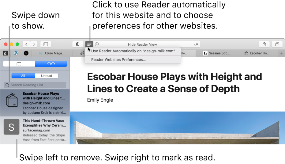 A Safari window with a Reading List displayed.