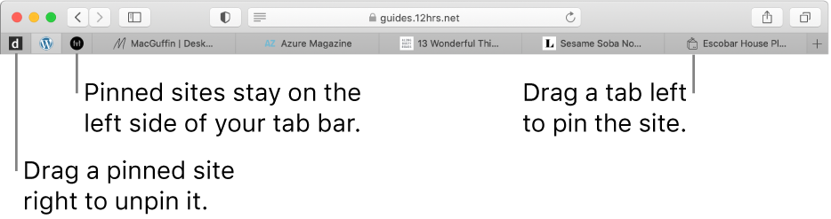 Pinned sites in the Safari tab bar.