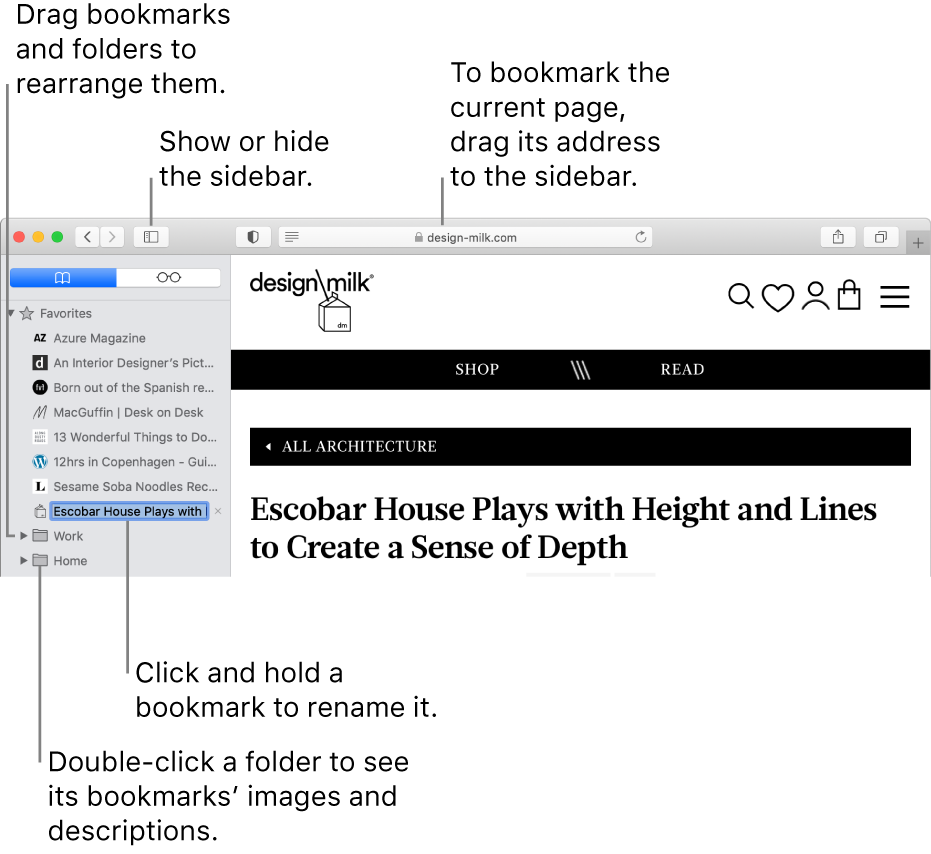 A Safari window showing bookmarks in the sidebar; one bookmark is selected for editing.