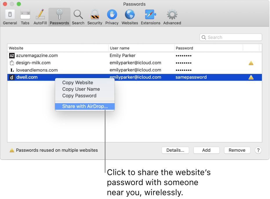 Passwords preferences, showing a pop-menu with Share with AirDrop selected.