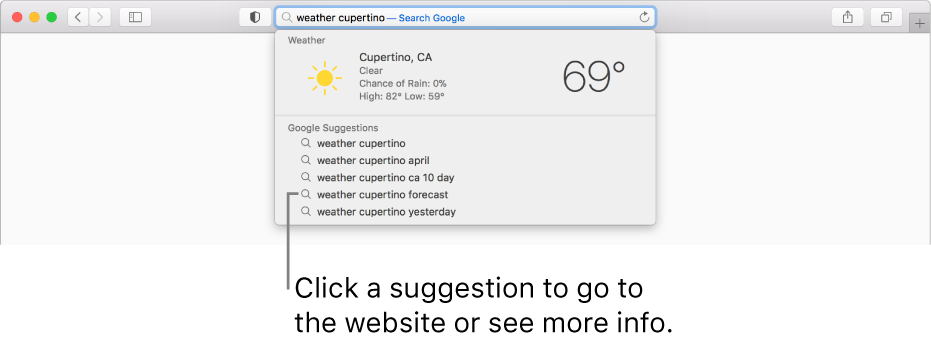 The search phrase “weather cupertino” entered in the Smart Search field, and the Safari Suggestions results.