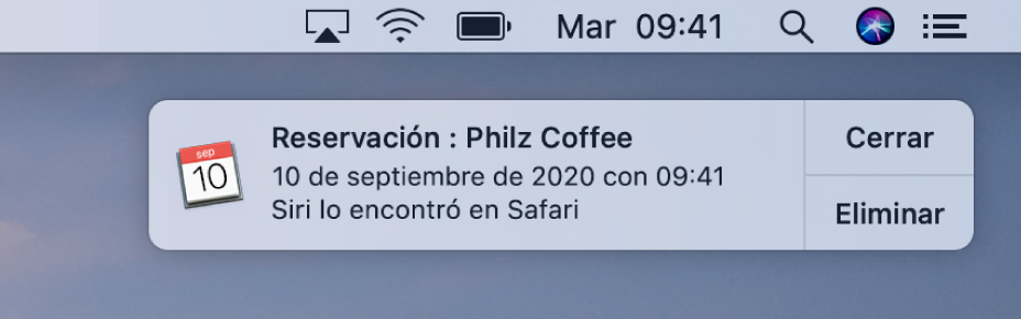 Una sugerencia de Siri para agregar un evento desde Safari a Calendario.