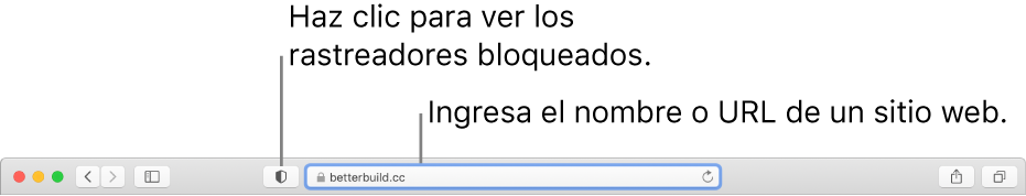 La barra de herramientas de Safari mostrando el botón “Reporte de privacidad” y una dirección de sitio web en el campo de búsqueda inteligente.