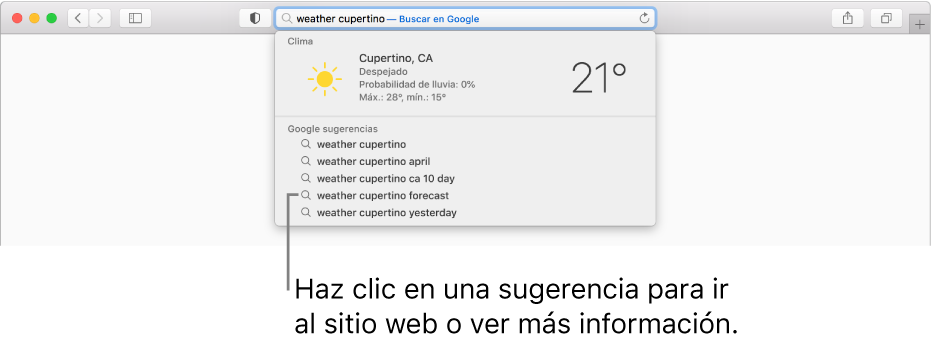 La frase de búsqueda "clima cupertino" ingresada en el campo de búsqueda inteligente, y los resultados de las Sugerencias de Safari.