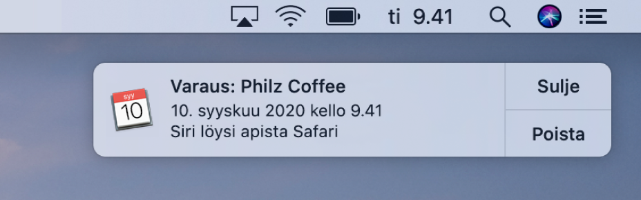 Siri-ehdotus tapahtuman lisäämiseksi Safarista Kalenteriin.