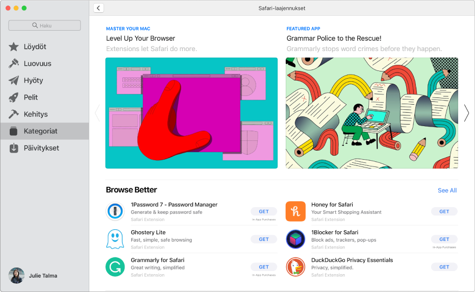 Mac App Storen pääsivu. Sivupalkki vasemmalla sisältää linkit App Storen eri alueisiin, kuten Arcade ja Luovuus. Valittuna on Kategoriat. Oikealla on kategoria Safari-laajennukset.