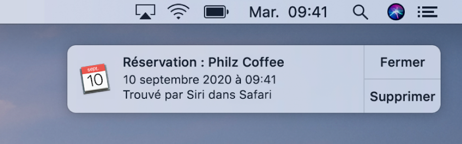 Une suggestion de Siri pour ajouter un événement de Safari à Calendrier.