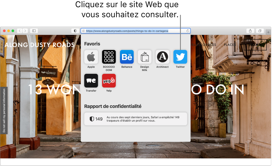 Le champ de recherche intelligente de Safari sous lequel la page de démarrage affiche les favoris et un résumé du rapport de confidentialité.