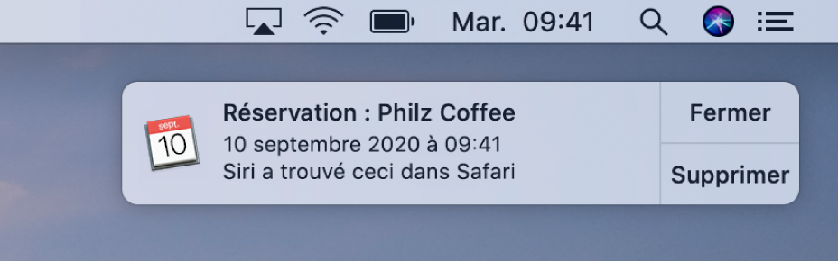 Une suggestion de Siri pour ajouter un événement de Safari à Calendrier.