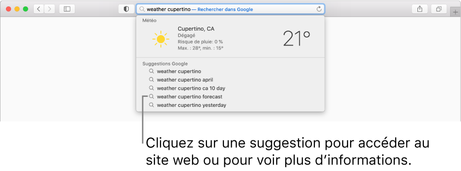 L’expression de recherche « météo à Cupertino » saisie dans le champ de recherche intelligente, accompagnée des résultats des suggestions Safari.