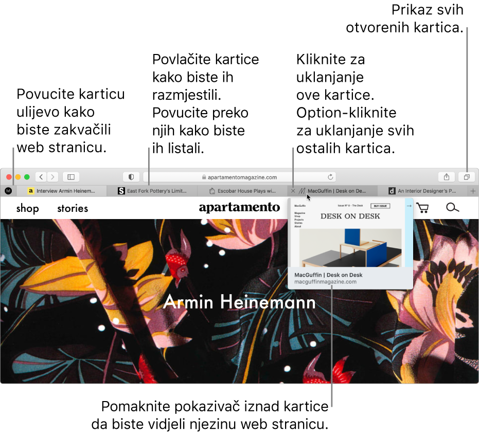 Prozor preglednika Safari s nekoliko otvorenih kartica, s pokazivačem preko kartice koji prikazuje pretpregled web stranice.