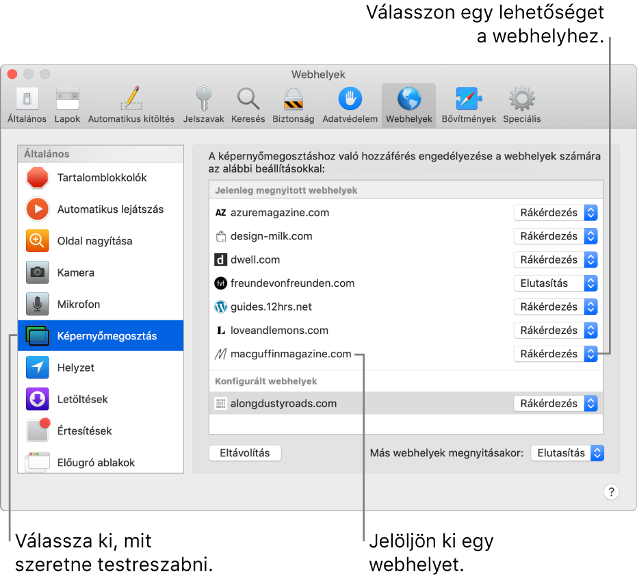 A Safari beállításainak Webhelyek panelje; itt szabható testre az egyes webhelyeken a böngészés módja.
