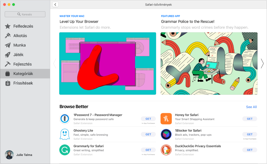 A Mac App Store kezdőlapja A bal oldali oldalsávon az áruház különböző területeire mutató hivatkozások láthatók, például Arcade és Létrehozás. A Kategóriák elem pedig ki van választva. A jobb oldalon a Safari-bővítmény kategória látható.