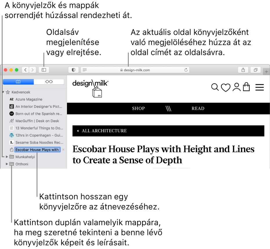 A Safari-ablak az oldalsávon könyvjelzőkkel; az egyik könyvjelző ki van jelölve szerkesztéshez.