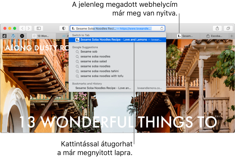 Safari-ablak, a webhely címének első fele be van írva az Intelligens keresés mezőbe. Ugyanaz a webhely megjelenik a Váltás a lapra eredménylistájában, mivel már nyitva van egy másik lapon.