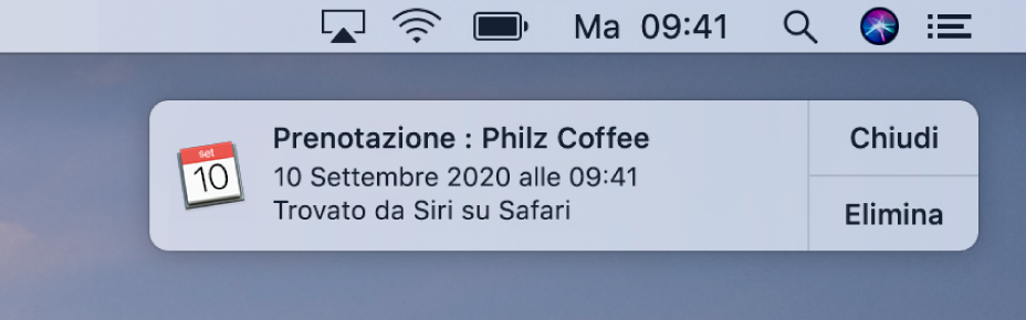 Un suggerimento di Siri per aggiungere un evento da Safari a Calendario.