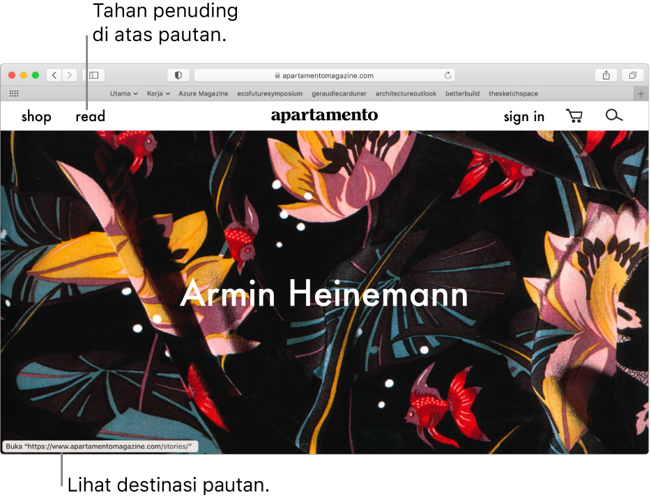 Penuding di atas pautan pada halaman web dengan pautan URL ditunjukkan pada bar status di bawah tetingkap.