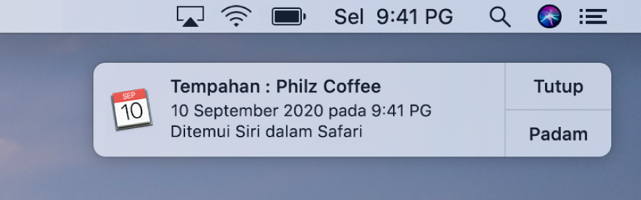 Cadangan Siri menambah peristiwa daripada Safari ke Kalendar.