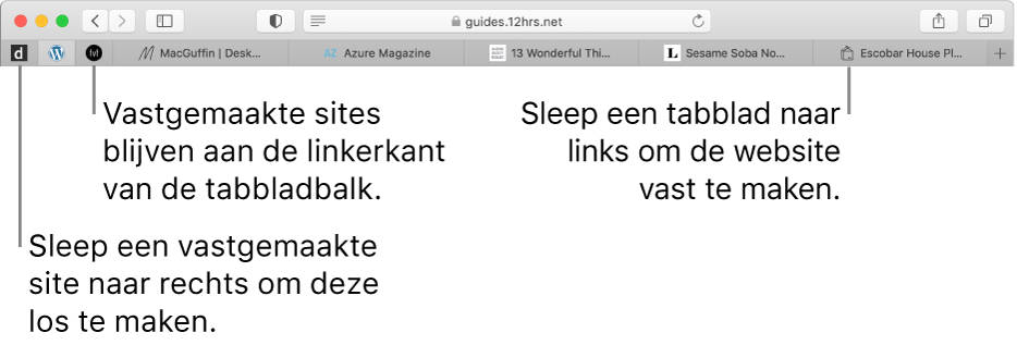 Vastgemaakte websites in de tabbladbalk van Safari.