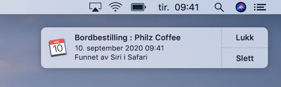 Et Siri-forslag om å legge til en hendelse fra Safari i Kalender.