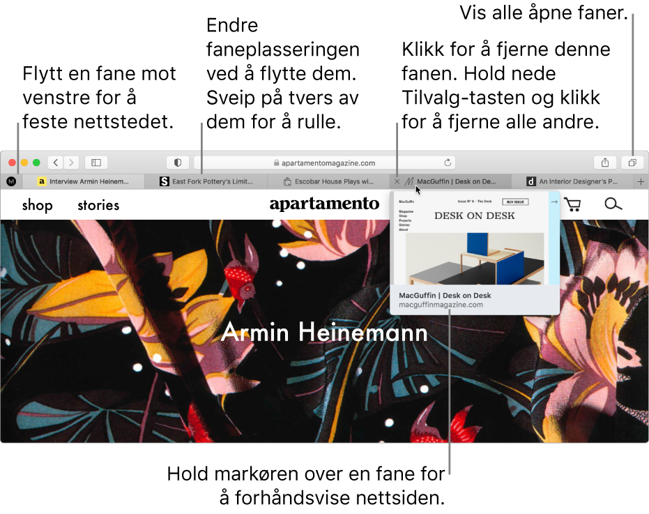 Safari-vinduet med flere faner åpne, med markøren over en fane som viser en forhåndsvisning av en nettside.