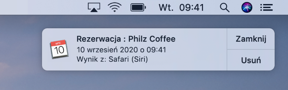 Sugestia Siri, aby dodać wydarzenie z Safari do Kalendarza.