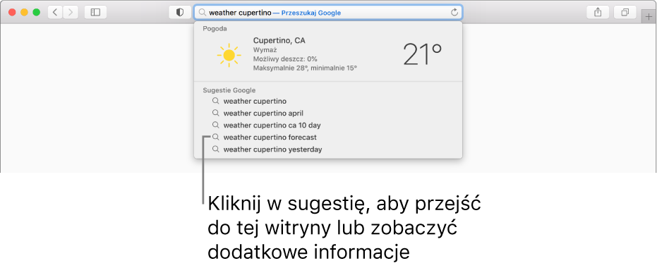 Wyszukiwana fraza „weather Cupertino” wpisana w inteligentnym polu wyszukiwania oraz sugestie Safari.