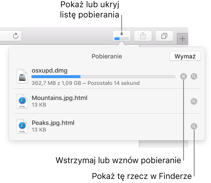 Przycisk pokazywania pobieranych rzeczy na pasku narzędzi. Poniżej tego przycisku widoczna jest lista pobierania.