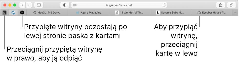 Przypięte witryny na pasku z kartami w Safari.