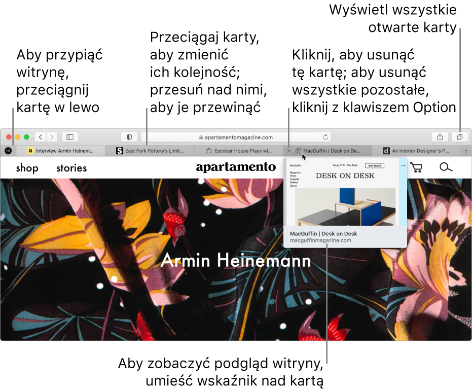 Okno Safari z wieloma otwartymi kartami, ze wskaźnikiem nad kartą pokazującą podgląd witryny.