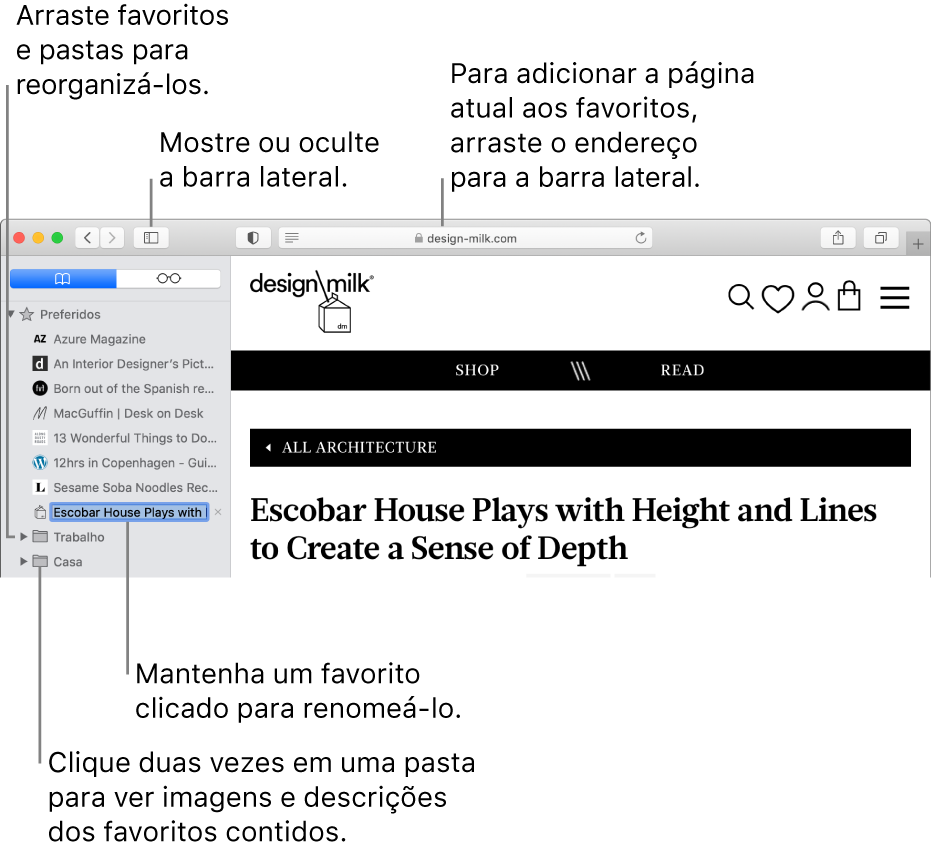 Uma janela do Safari mostrando favoritos na barra lateral com um deles selecionado para edição.