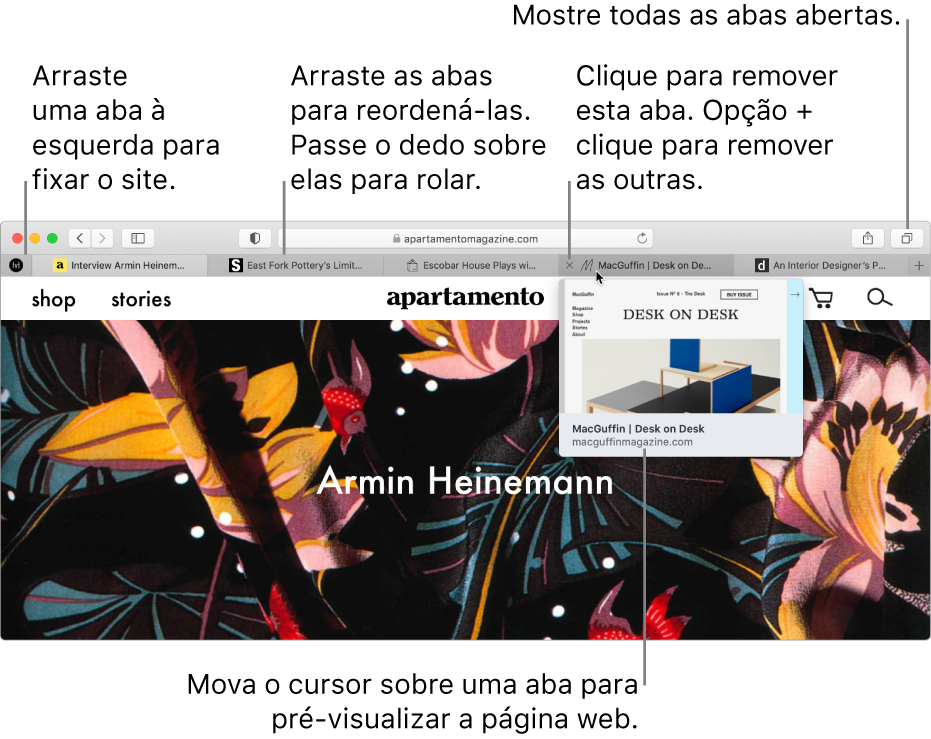 Janela do Safari com várias abas abertas, com o cursor sobre uma aba mostrando a pré-visualização de uma página web.