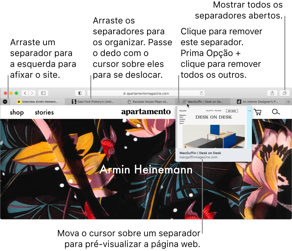 A janela do Safari com vários separadores abertos e o cursor sobre um separador a mostrar uma pré-visualização da página web.