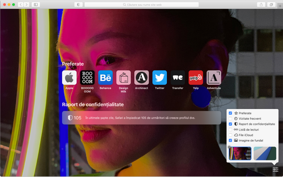 Pagina de pornire Safari afișând site‑urile web preferate, un rezumat al raportului de confidențialitate și opțiuni pentru pagina de pornire.