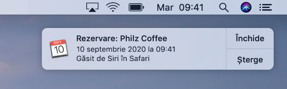 O sugestie Siri pentru adăugarea unui eveniment din Safari în Calendar.