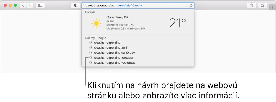 Hľadaný výraz „počasie Cupertino“ zadaný do dynamického vyhľadávacieho poľa a výsledky Návrhov Safari.