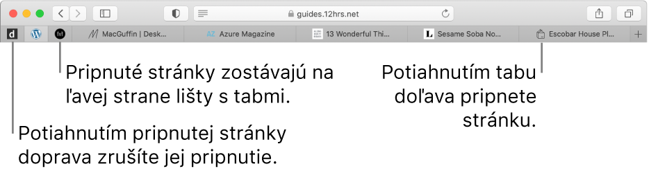 Pripnuté stránky v lište s tabmi Safari.