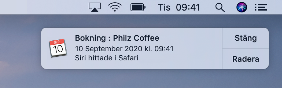 Ett Siri-förslag om att lägga till ett evenemang från Safari i kalendern.