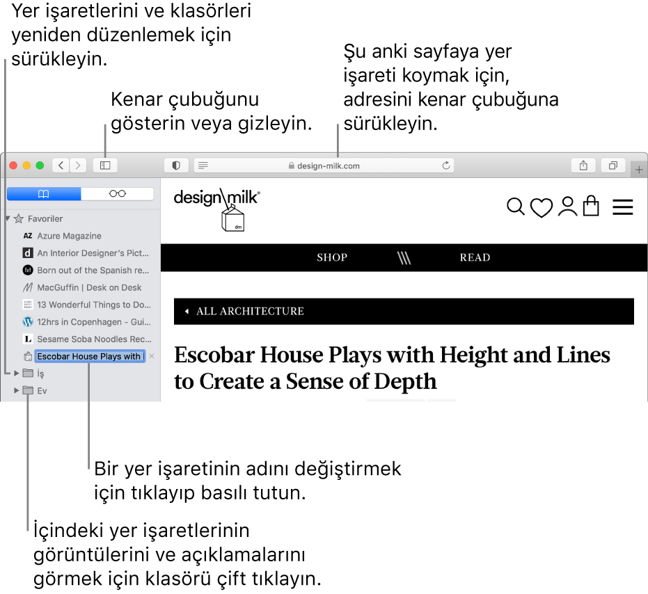 Kenar çubuğunda yer işaretlerini gösteren Safari penceresi; yer işaretlerinden biri düzenleme için seçilmiş.