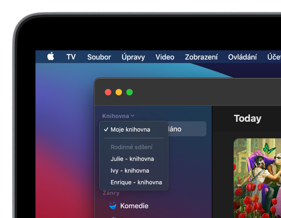 Obrazovka knihovny aplikace Apple TV s knihovnami členů rodiny na bočním panelu